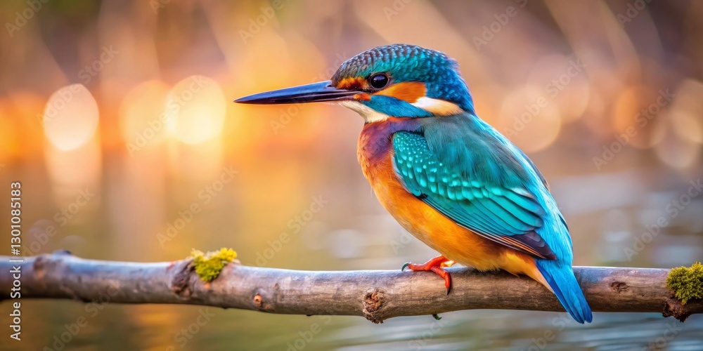 Fototapeta premium Vibrant Bird Perched on a Branch at Sunset, Displaying Exquisite Plumage and Striking Colors