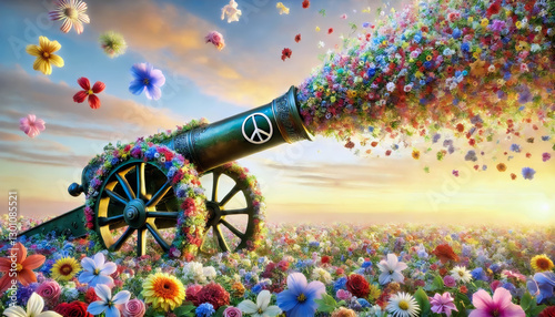 A cannon decorated with flowers shoots a colourful explosion of blossoms into the sky, symbolizing peace, beauty, and harmony in a surreal and uplifting scene.