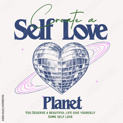 Disco party ball graphic print design poster. Self love club t shirt design. Create a love planet. Meet me at the disco. Disco party girls graphics. summer t shirt design. spache vector design.