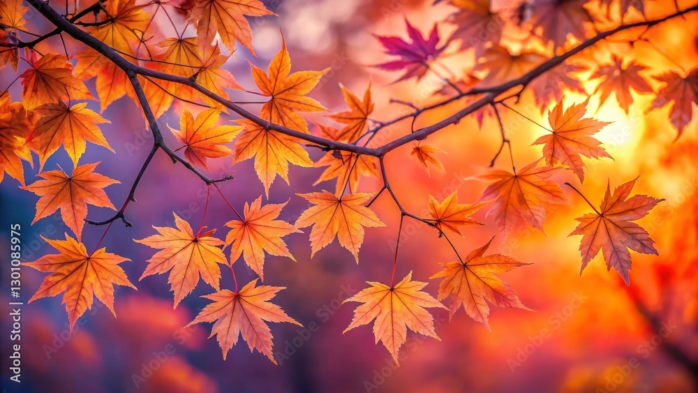 Autumnal Branch with Vivid Orange and Red Leaves Illuminated by Warm Sunset Light Autumnal Branch with Vivid Orange and Red Leaves Illuminated by Warm Sunset Light