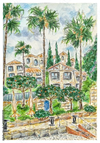 Wallpaper Mural Postcard with palm trees, watercolor illustration Torontodigital.ca