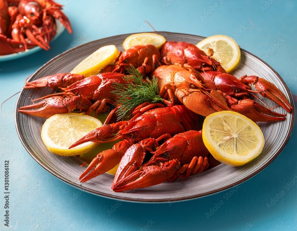 A plate full of boiled crawfish topped with lemon slices, with another plate of lemon slices in the background, set on a light blue table for a seafood meal scene.