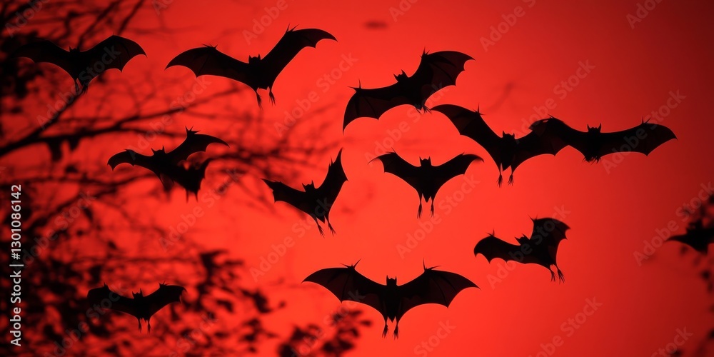 bats flying in front of a red background. bats flying in front of a red background.