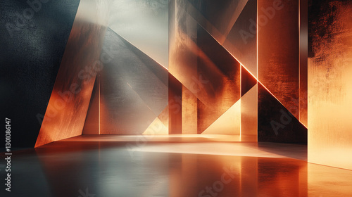 Abstract background featuring geometric shapes with warm lighting and metallic textures, creating a visually striking environment for creative projects. Generative AI