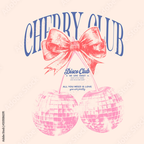 Disco Cherry print designfruits patterns for summer vibes, Bow cherry for t-shirt, sweatshirt, Cherry Slogan T-shirt Design Illustration,