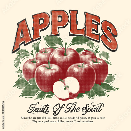 Fruit vintage t-shirt design. Vintage  Glossy Red Apples With Text.  food artwork for for t-shirt. Fresh apple fruit print.  Fruit vintage t-shirt design. summer tropical fruit prints.