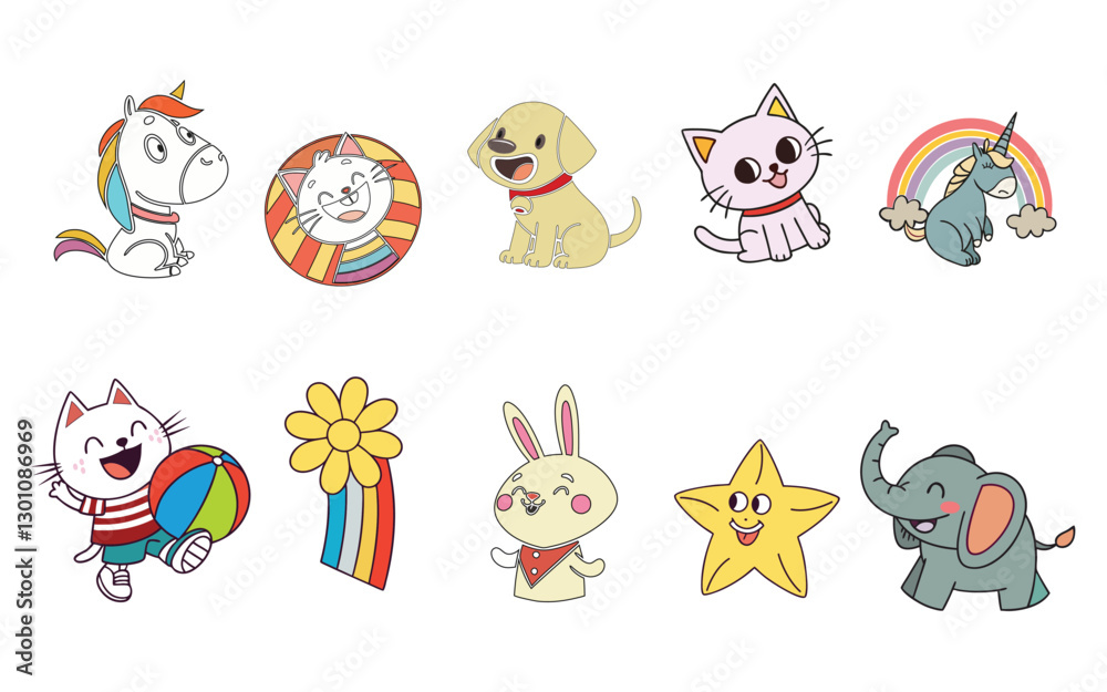 set of cartoon animals cat dog elephant rabbit rainbo and more iconic sticker set of cartoon animals cat dog elephant rabbit rainbo and more iconic sticker