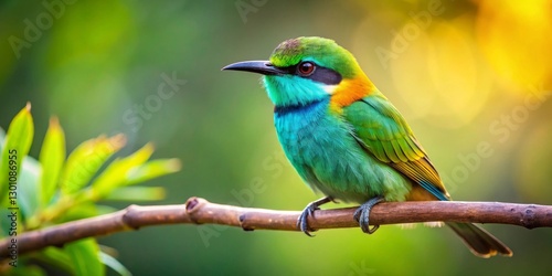 Vibrant Green Bird Perched on a Branch in a Lush Natural Setting, Exhibiting Striking Feather Details and a Captivating Pose
