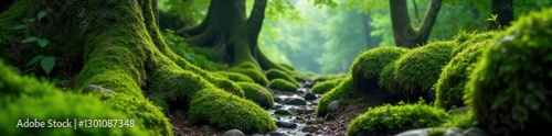Lush moss on tree roots and boulders under dense forest, forest plants, epiphytes