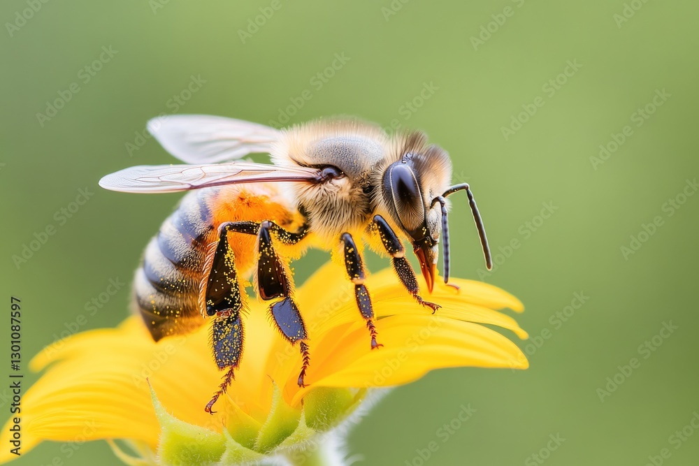 close-up of honeybee perched on vibrant yellow sunflower petal its tiny legs covered in pollen close-up of honeybee perched on vibrant yellow sunflower petal its tiny legs covered in pollen