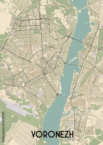 The image depicts a detailed map of Voronezh, a city in Russia. The map is rendered in a minimalist style with a beige background and black lines representing streets and roads.