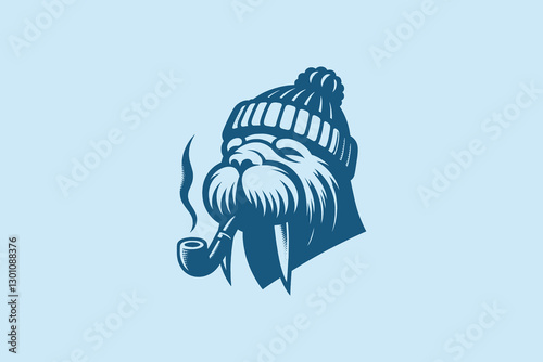 Vintage walrus emblem with hat and pipe, black flat icon