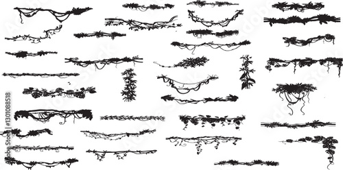 vines tropical plant drawing, Side view, set of graphics trees elements outline symbol