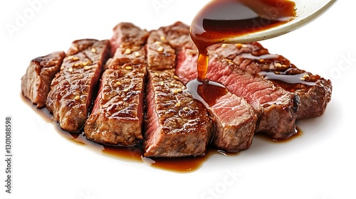 Sizzling grilled steak with sauce white background food photography culinary art close-up view flavor concept