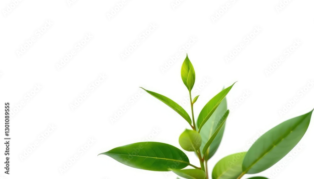 Single vibrant green plant, isolated on pure white, organic, macro
