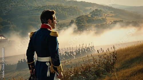 A Napoleonic officer in a blue and gold uniform observes a distant battlefield at dawn, with soldiers advancing through the mist, evoking historical warfare and strategy.
