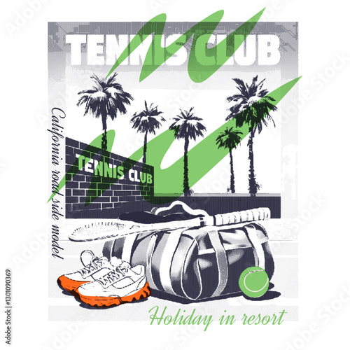Tennis court graphic design. girls sports graphics. vintage retro sport print. womens graphic tee in vector. tennis club artwork for t shirt. Athletic bag and shoe design. summer t-shirt design.