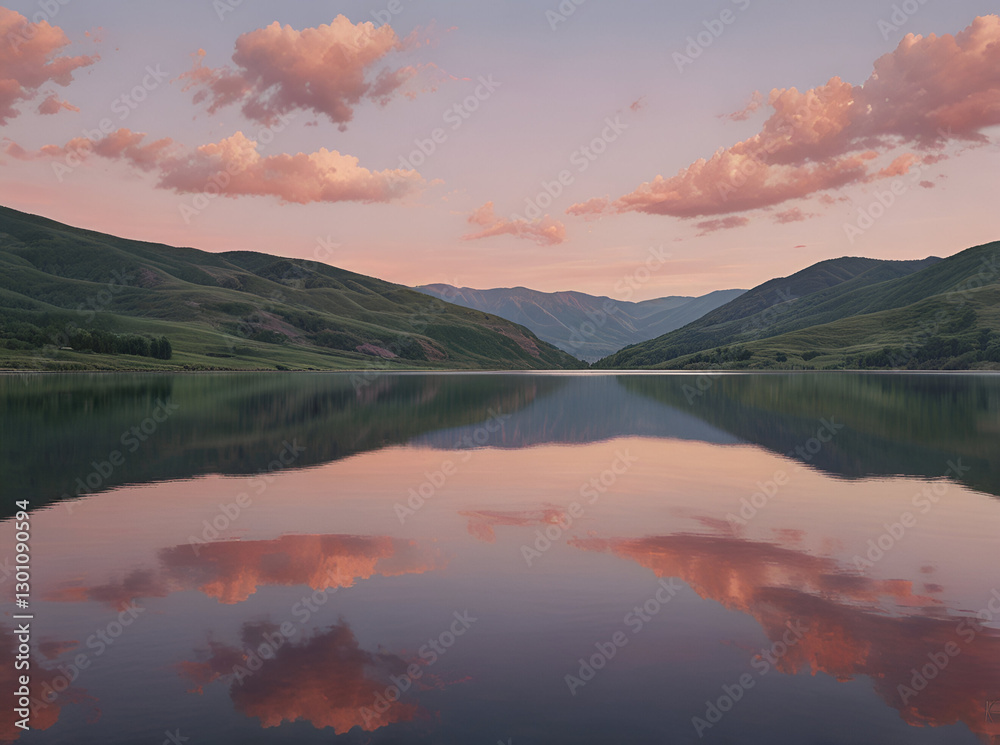 Serene lake with reflections of clouds and mountains during sunset in tranquil landscape