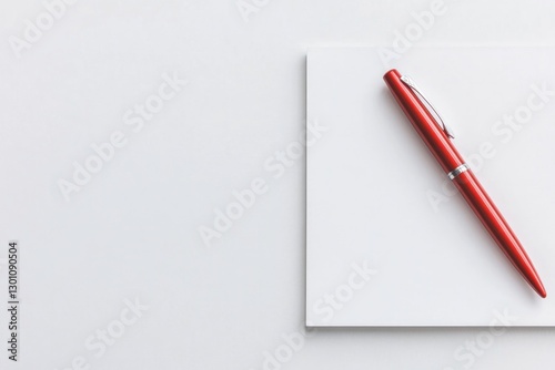 single vividly red pen rests diagonally on open blank notebook waiting to glimmer with creative essence of unwritten