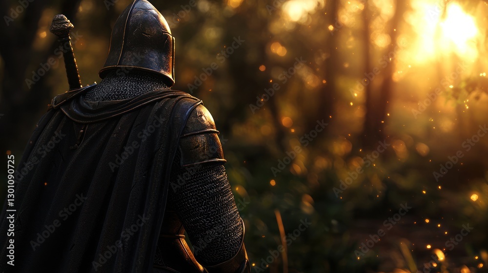 Fototapeta premium Knight stands vigilant in sunlit forest