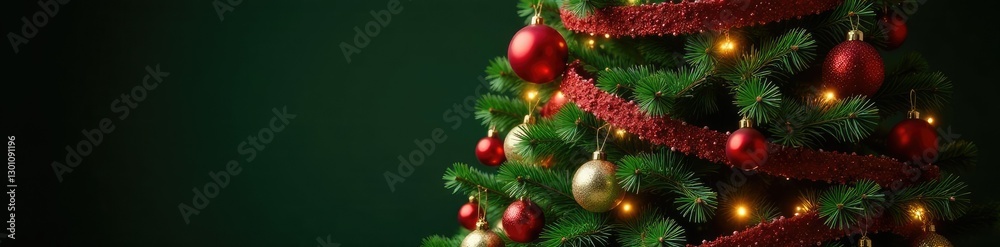 Fototapeta premium Tall evergreen tree swathed in crimson and gold, evergreen tree, Christmas decorations, holiday decor