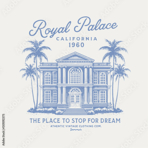 vintage Royal palace hand sketch artwork. Tropical house. Royal palace hand sketch artwork for t shirt. california 1960. resort graphics in vector. girls womens kids use this print.