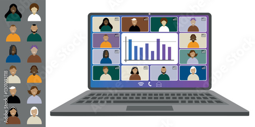 Video call conference, working from home. Colleagues of different nationalities and ages talk to each other on the laptop screen. Isolated illustration on white background in flat style trendy colors
