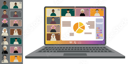 Video call conference, working from home. Colleagues of different nationalities and ages talk to each other on the laptop screen. Isolated illustration on white background in flat style trendy colors