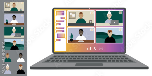 Video call conference, working from home. Colleagues of different nationalities and ages talk to each other on the laptop screen. Isolated illustration on white background in flat style trendy colors
