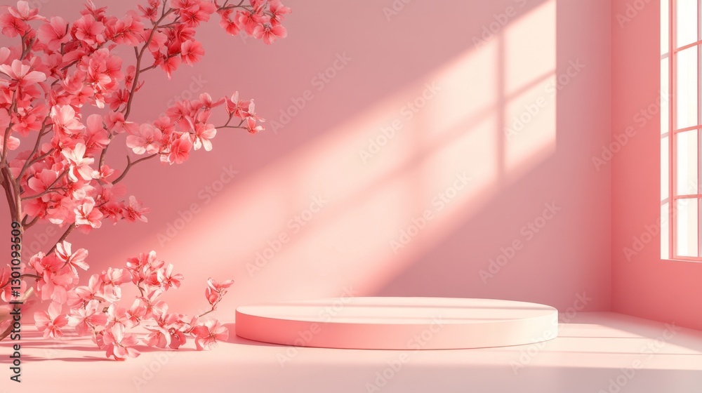 3D rendering of an abstract gradient pink studio background for product presentation with shadows of windows and flowers. Vacant pedestal, empty podium 3D rendering of an abstract gradient pink studio background for product presentation with shadows of windows and flowers. Vacant pedestal, empty podium