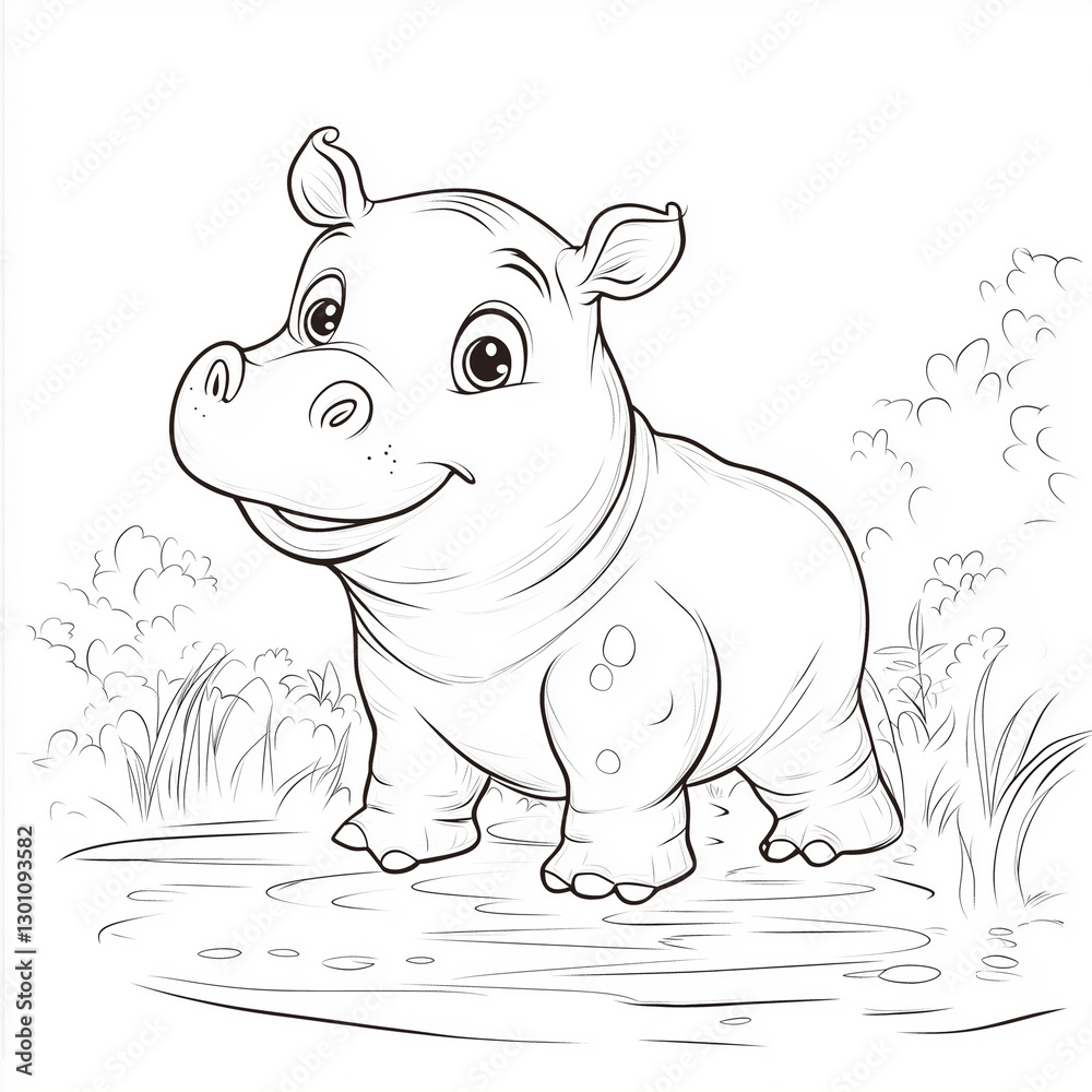 Fototapeta premium A cheerful cartoon hippopotamus standing in shallow water, a detailed line art drawing perfect for children's coloring practice and creative activities 