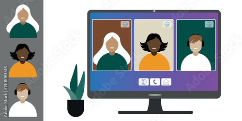Video call conference, working from home. Colleagues of different nationalities and ages talk to each other on computer screen. Isolated illustration on white background in flat style trendy colors