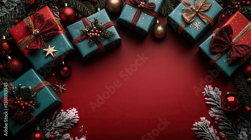 Top view photo of trendy gift boxes with bows, red, green baubles, gold star ornaments, and pine branches in snow on isolated red background with blank space in the middle. New year concept.