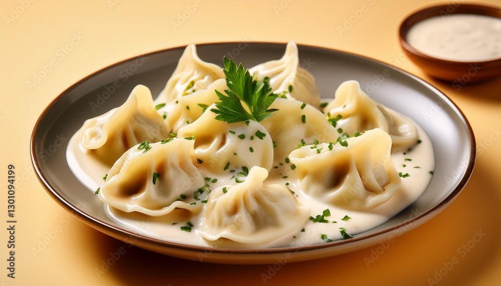 dumplings in creamy sauce presented on a soft color backdrop for an enticing dining experience dumplings in creamy sauce presented on a soft color backdrop for an enticing dining experience