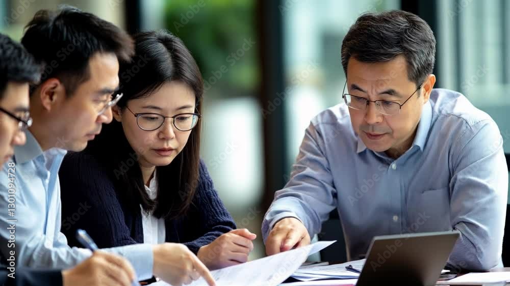 Team focused on document collaboration in a modern office environment. Teamwork and collaboration concept. Team focused on document collaboration in a modern office environment. Teamwork and collaboration concept.