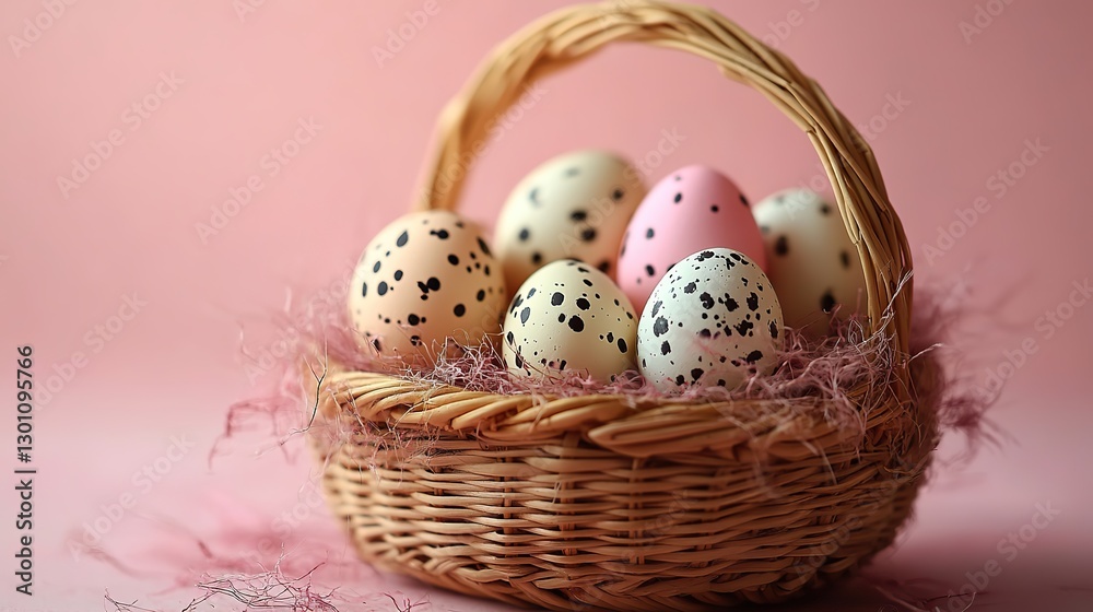 Traditional wicker basket with embellished quail eggs arranged on a light pink stucco base, perfect for Easter or spring. Traditional wicker basket with embellished quail eggs arranged on a light pink stucco base, perfect for Easter or spring.