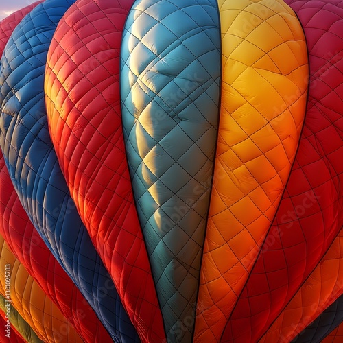 Vibrant Patchwork of a Hot Air Balloon s Captivating Design against a Bright Morning Sky photo