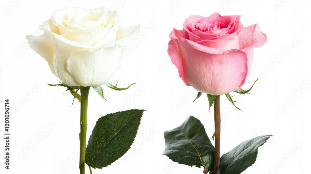 Obraz premium White and pink roses with green leaves, symbolizing love and beauty, create stunning floral display. Their delicate petals and vibrant colors evoke feelings of joy and romance