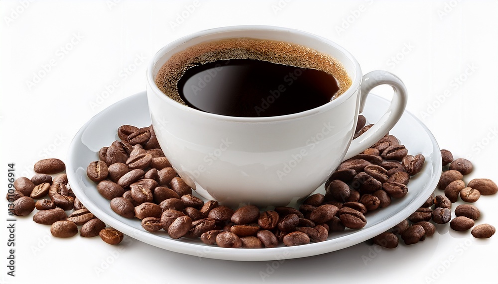 white cup of black coffee with coffee beans isolated on transparent cutout background white cup of black coffee with coffee beans isolated on transparent cutout background