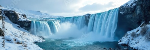 Glacial frozen waterfalls cascade downward into a misty veil, landscape, winter, glaciers