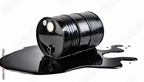 black oil barrel with spilled liquid isolated on transparent cutout background