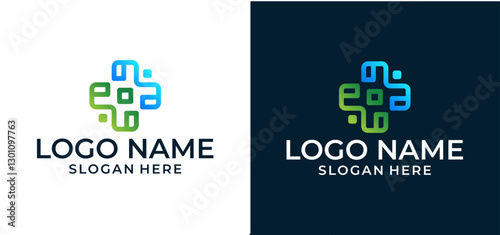 Modern Healthcare Medical Logo. Blue and Green Geometric Round Cross Sign Health Icons Stripe Style. Flat vector logo design template elements.