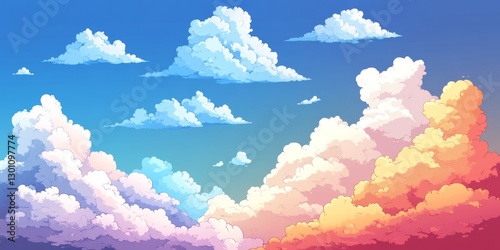 a pixelated sky filled with colorful clouds.