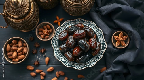 Wallpaper Mural A decorative bowl of dates, accompanied by almonds, star anise, and ornate brass teapots on a dark wooden table, capturing the essence of Ramadan festivity and tradition Torontodigital.ca
