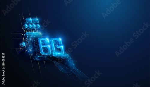 Lowpoly Hand Putting 6G to Hardware Chip. Abstract geometric illustration on 6 generation innovation wireless communication technology hardware development concept by wireframe mesh on blue background