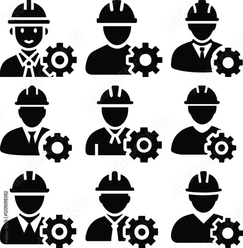 Team of Skilled Professionals Ready to Manage Projects.Nine simple black and white icons depicting diverse team members wearing hard hats and holding gears.