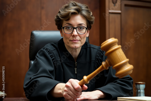 Judge woman wearing judicial mantle sits at the wooden table with a gavel in her right hand.