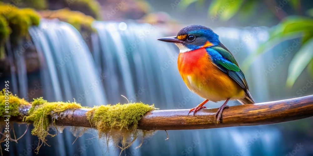 Fototapeta premium Vibrant Avian Wonder Perched on Mossy Branch Near Cascading Waterfall