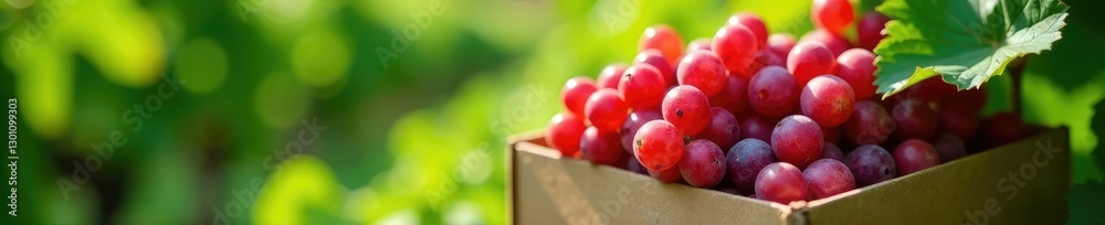 Lush greenery surrounds a box overflowing with plump red grapes, nature, vineyard Lush greenery surrounds a box overflowing with plump red grapes, nature, vineyard