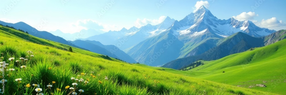 Fototapeta premium Lush green grass covers rolling hills under towering mountain peaks with snow-capped summits, wildflowers, nature